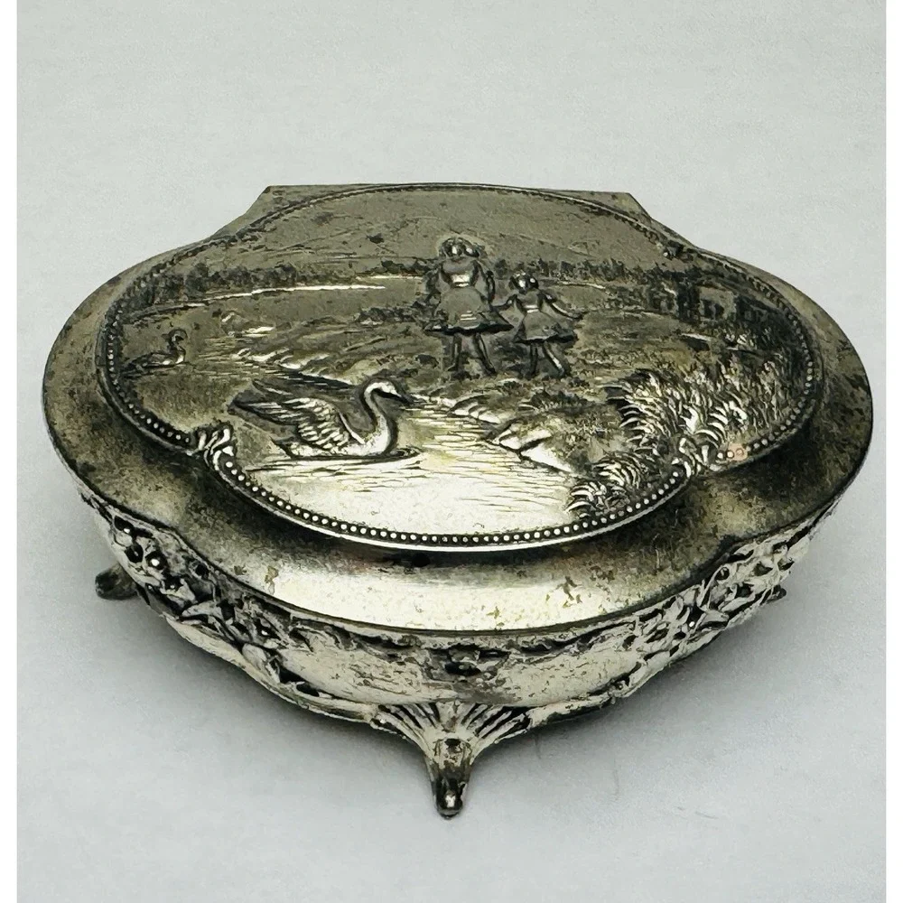 VTG Silver Metal Trinket Or‎ Jewelry Box Lined W/ Red Velvet And An Embossed Top